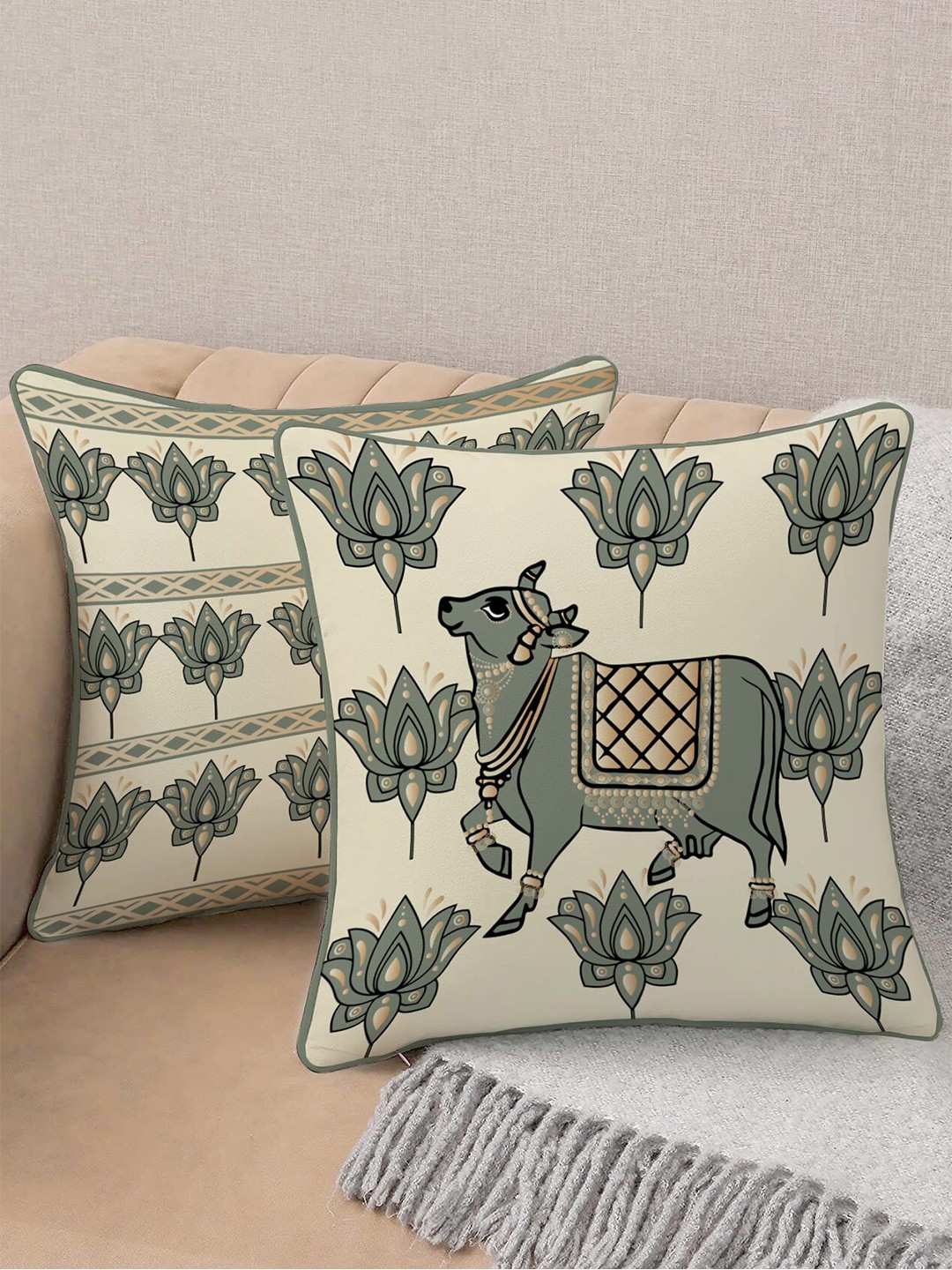 

STITCHNEST Cream & Olive Green Set of 2 Ethnic Motifs Velvet Square Cushion Covers