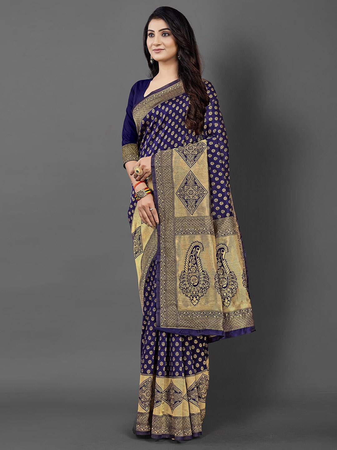 

KALINI Navy Blue & Gold-Toned Ethnic Motifs Zari Silk Blend Banarasi Saree