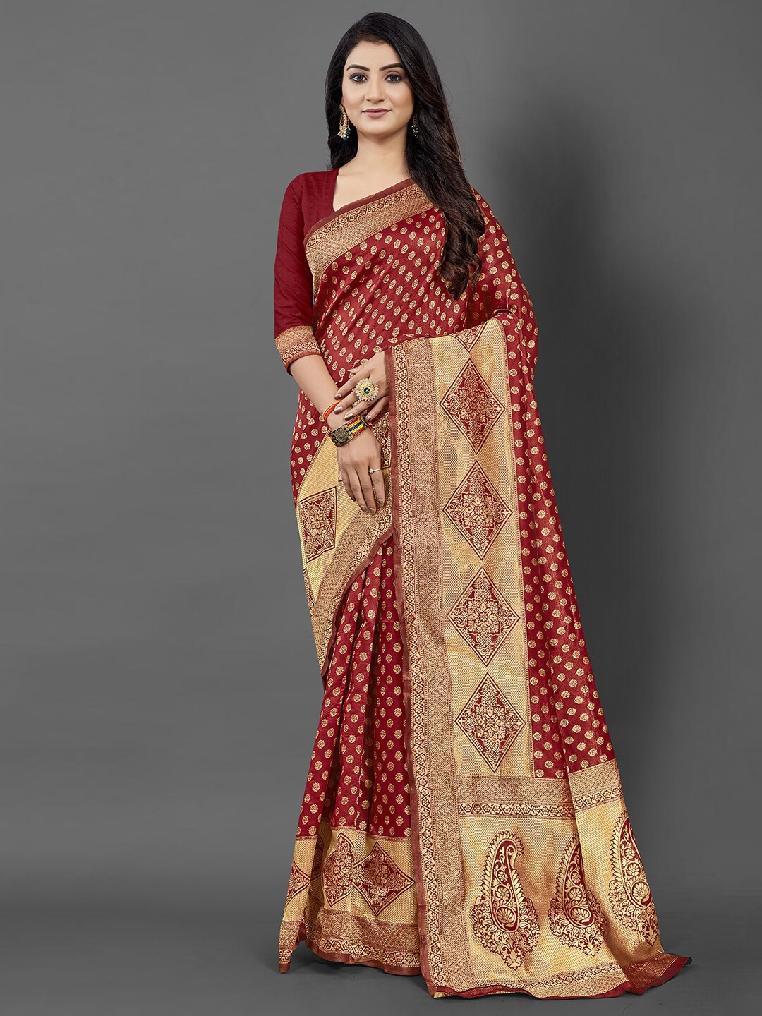 

KALINI Maroon & Gold-Toned Ethnic Motifs Zari Silk Blend Banarasi Saree