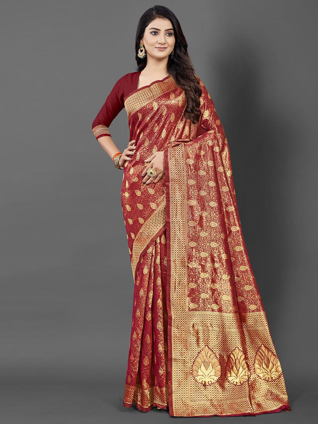 

KALINI Maroon & Gold-Toned Ethnic Motifs Zari Silk Blend Banarasi Saree