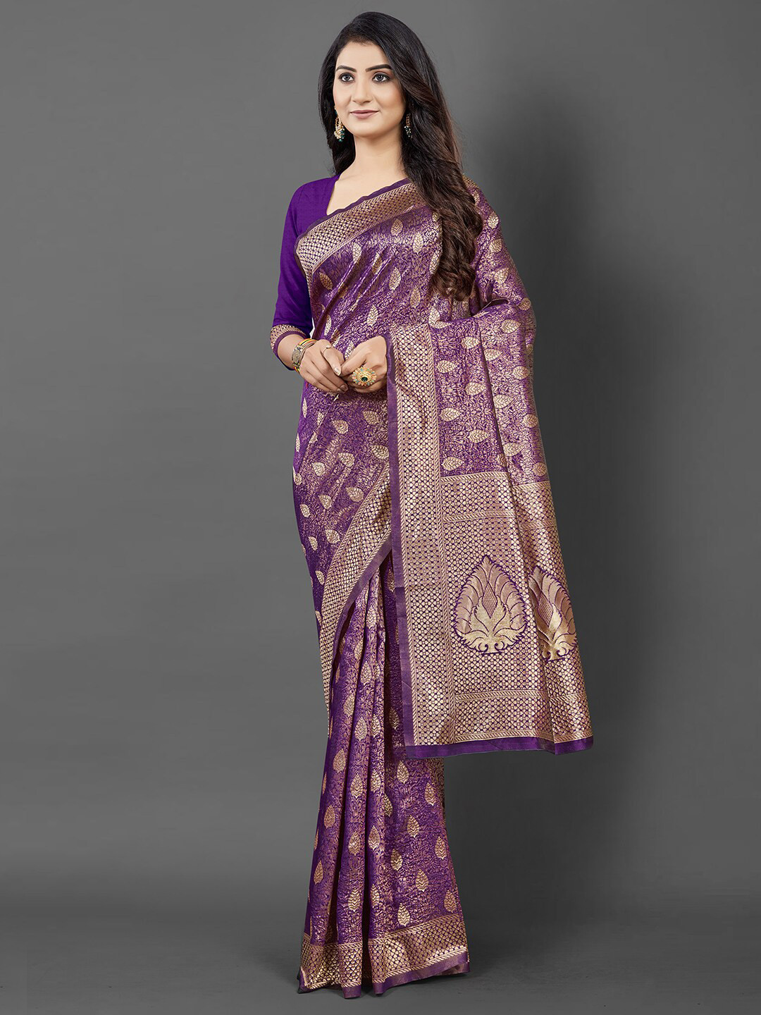 

KALINI Purple & Gold-Toned Woven Design Silk Blend Banarasi Saree with Matching Blouse