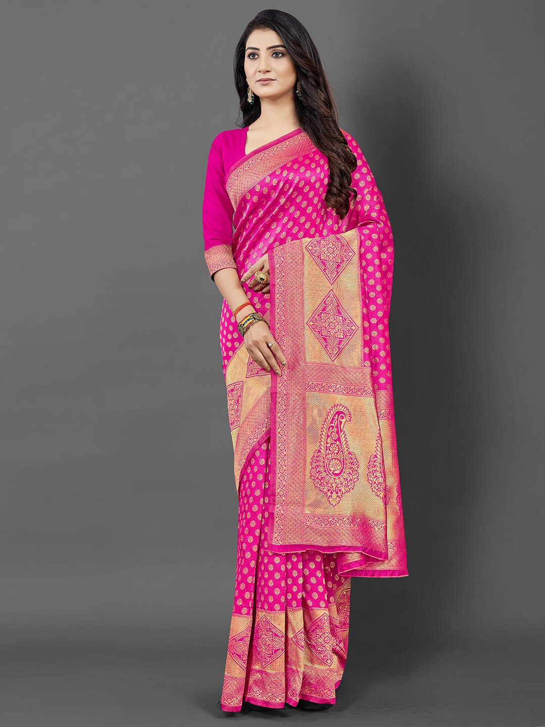 

KALINI Pink & Gold-Toned Woven Design Silk Blend Banarasi Saree