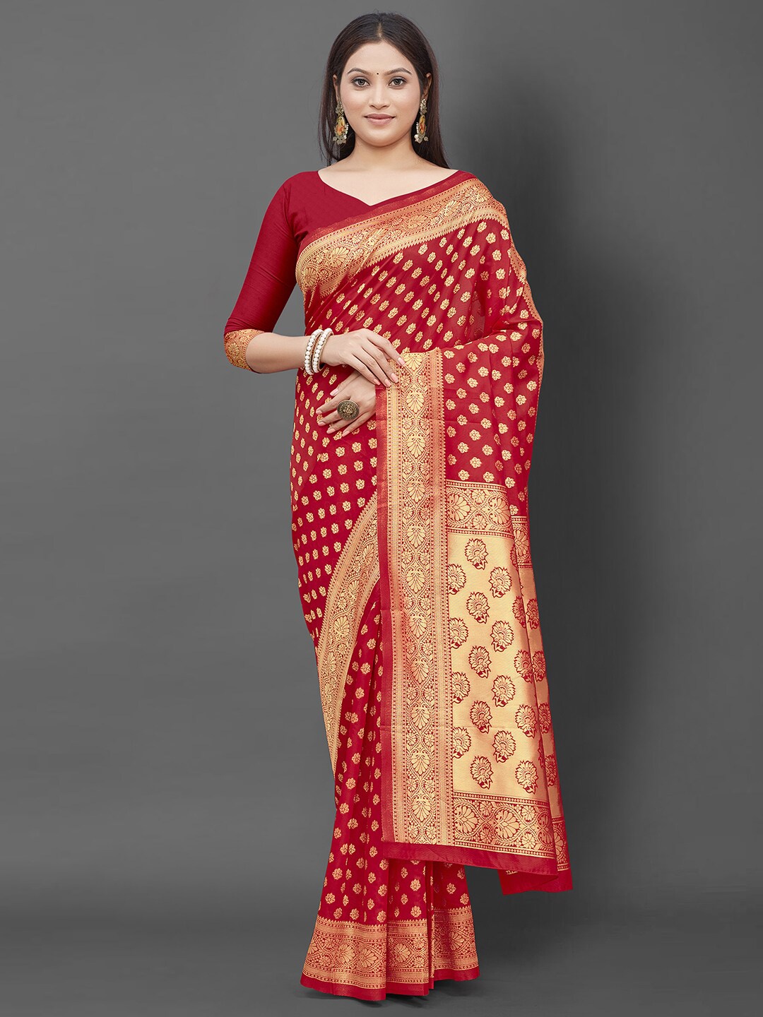 

KALINI Red & Gold-Toned Woven Design Zari Silk Blend Banarasi Saree