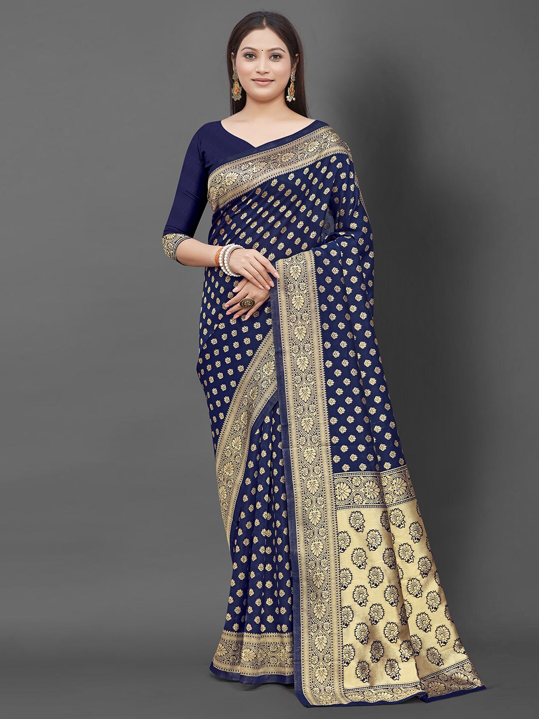 

KALINI Navy Blue & Gold-Toned Woven Design Silk Blend Banarasi Saree with Matching Blouse