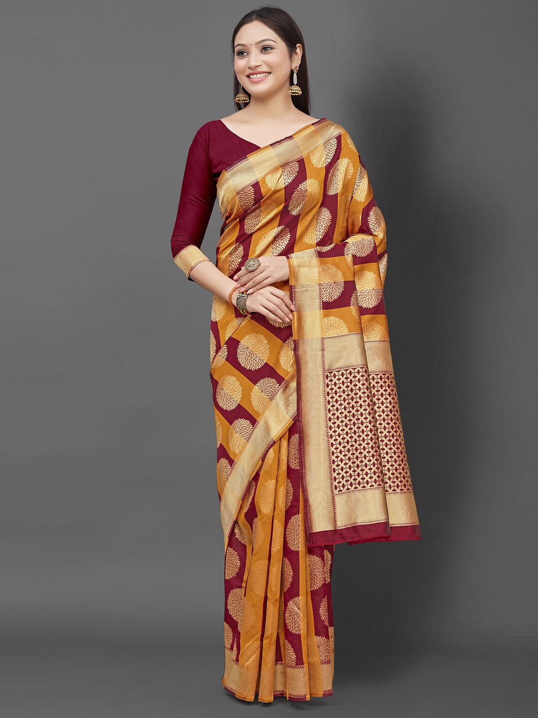 

KALINI Mustard & Gold-Toned Woven Design Zari Silk Blend Banarasi Saree