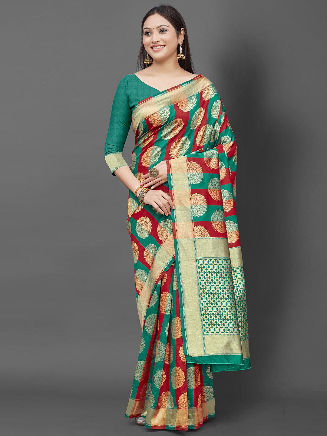 

KALINI Red & Green Ethnic Motifs Silk Blend Saree