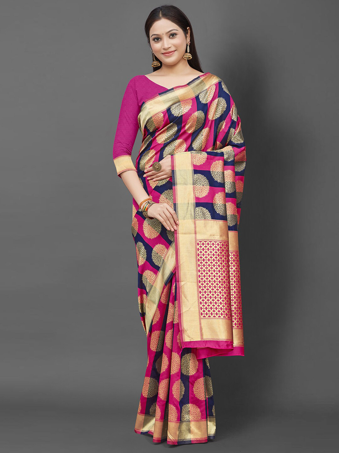 

KALINI Navy Blue & Pink Ethnic Motifs Zari Silk Blend Saree