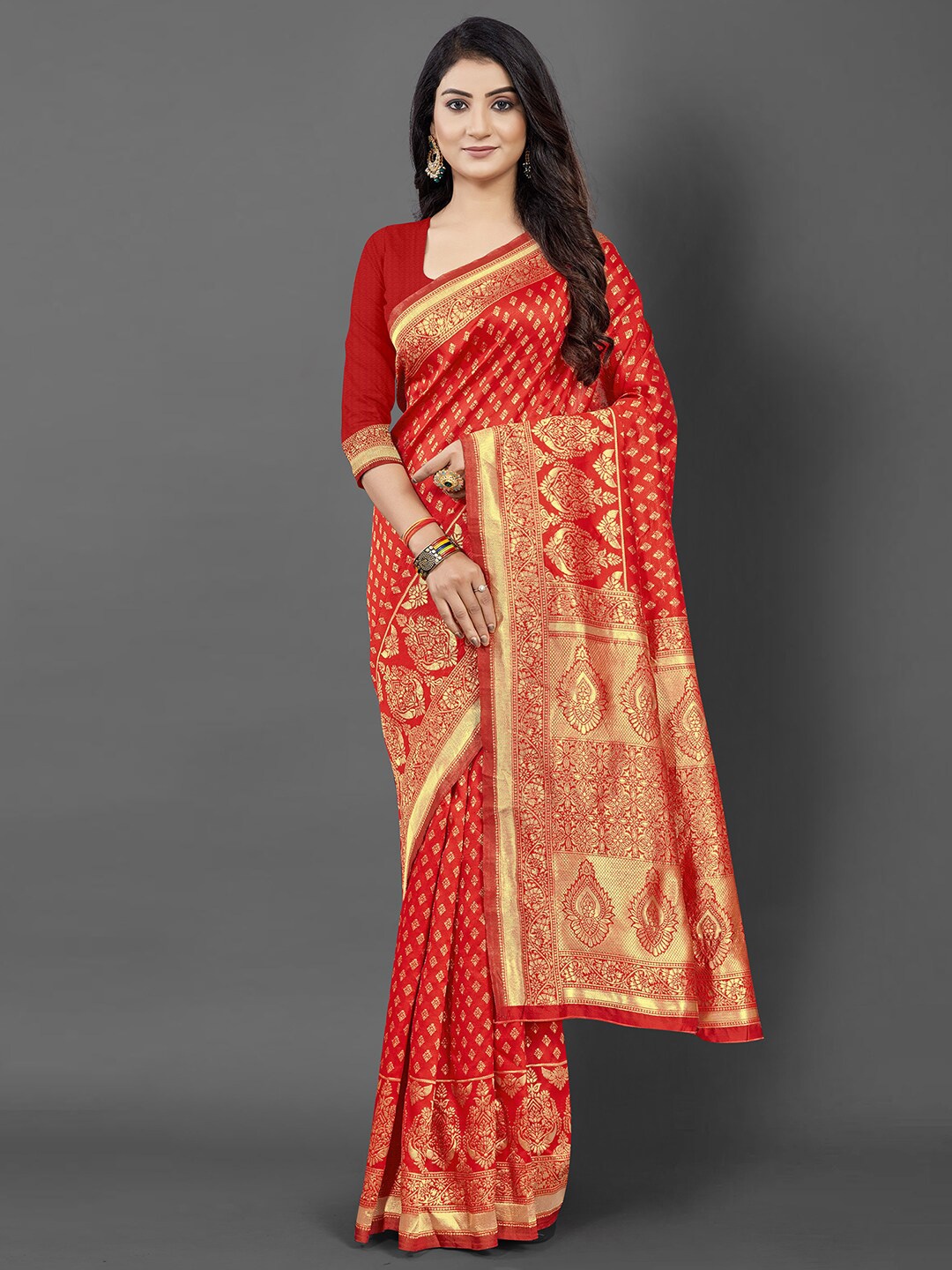 

KALINI Red & Gold-Toned Ethnic Motifs Zari Silk Blend Banarasi Saree