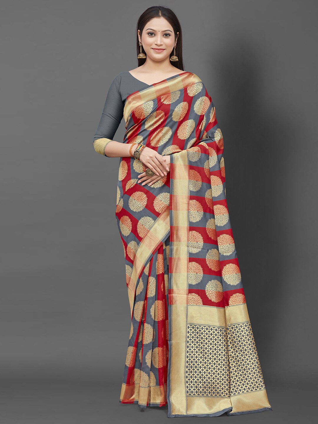 

KALINI Red & Grey Ethnic Motifs Zari Silk Blend Saree