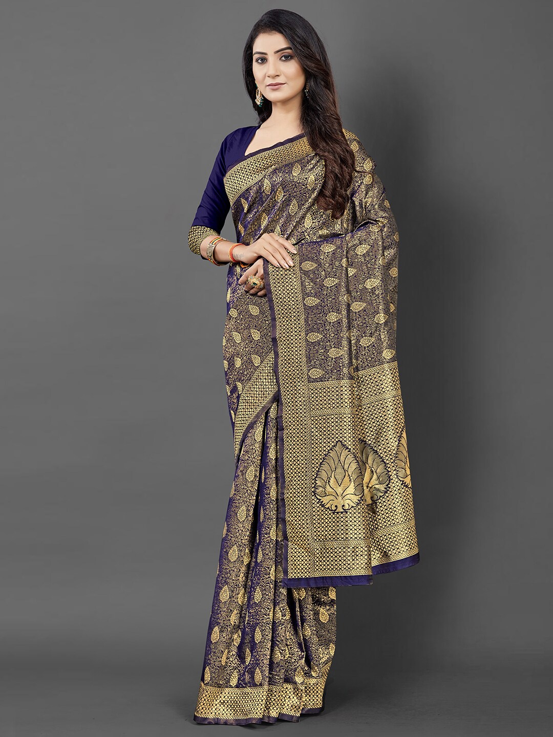 

KALINI Navy Blue & Gold-Toned Ethnic Motifs Zari Silk Blend Saree