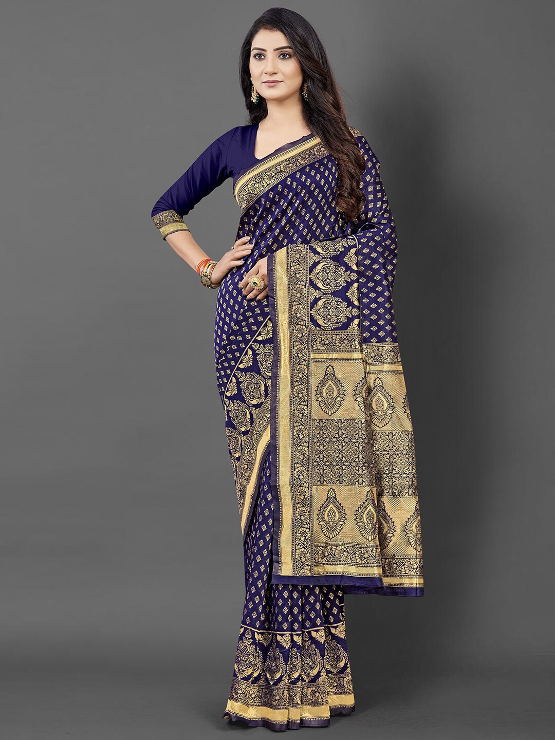 

KALINI Navy Blue & Gold-Toned Woven Design Zari Silk Blend Banarasi Saree