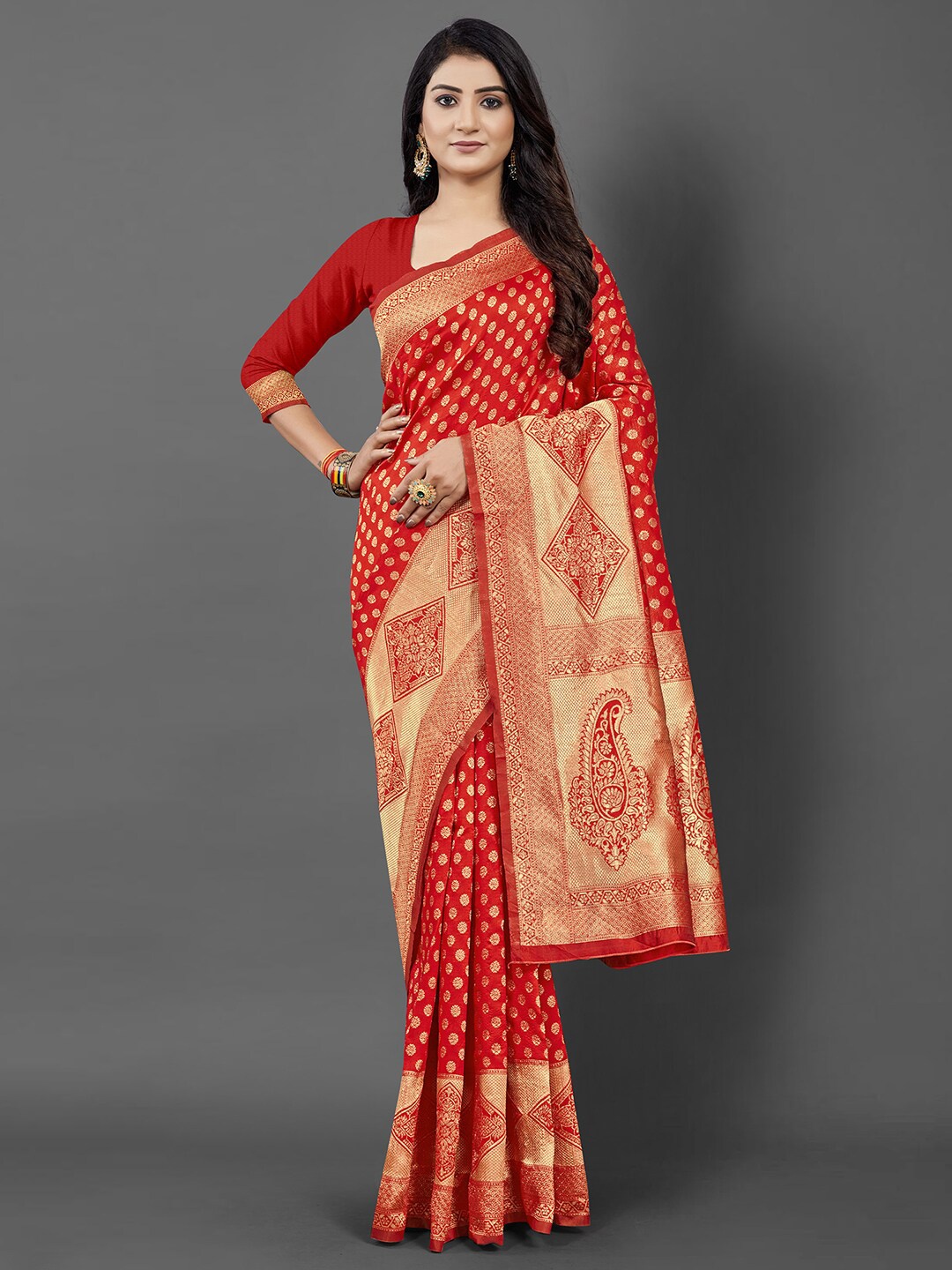 

KALINI Red & Gold-Toned Woven Design Zari Silk Blend Banarasi Saree