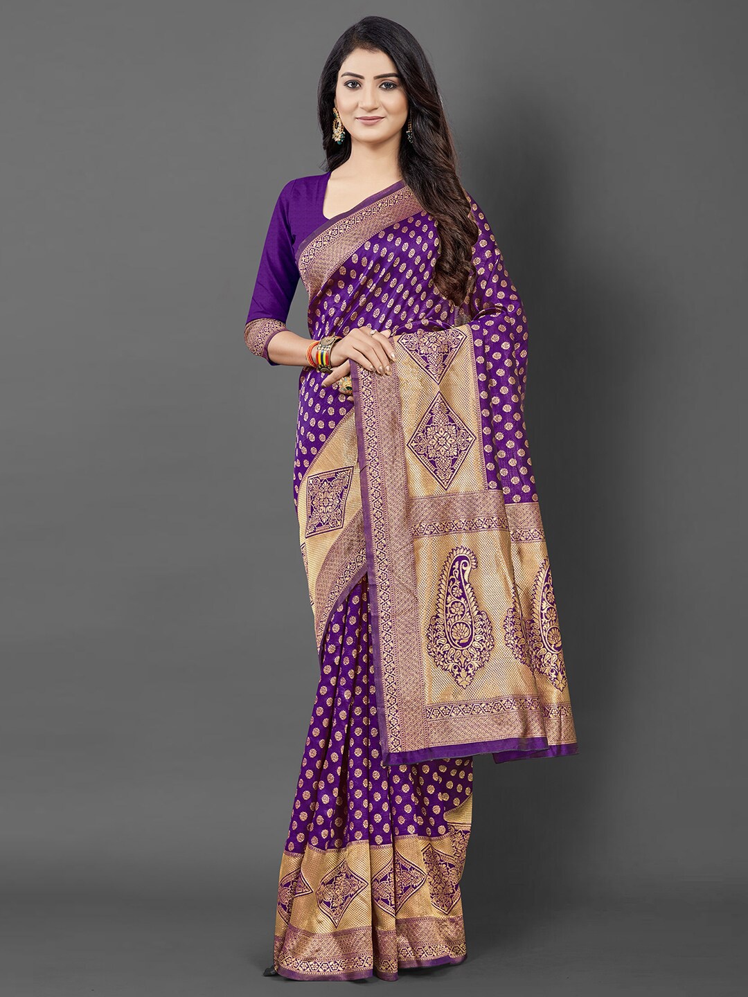 

KALINI Purple & Gold-Toned Woven Design Zari Silk Blend Banarasi Saree