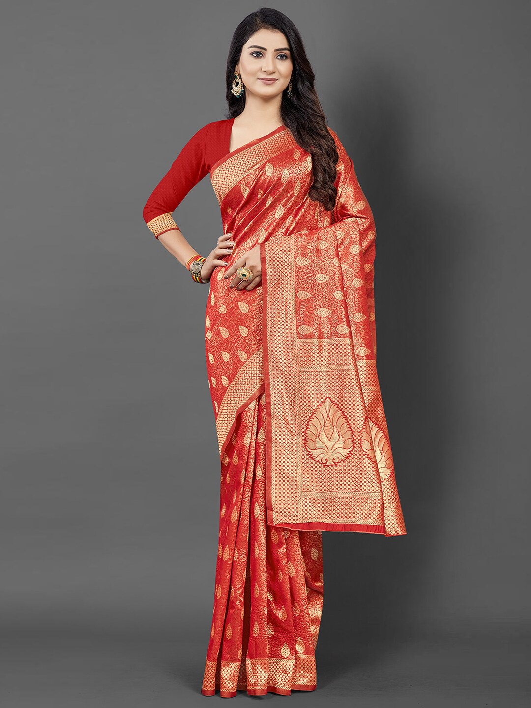 

KALINI Red & Gold-Toned Woven Design Zari Silk Blend Banarasi Saree
