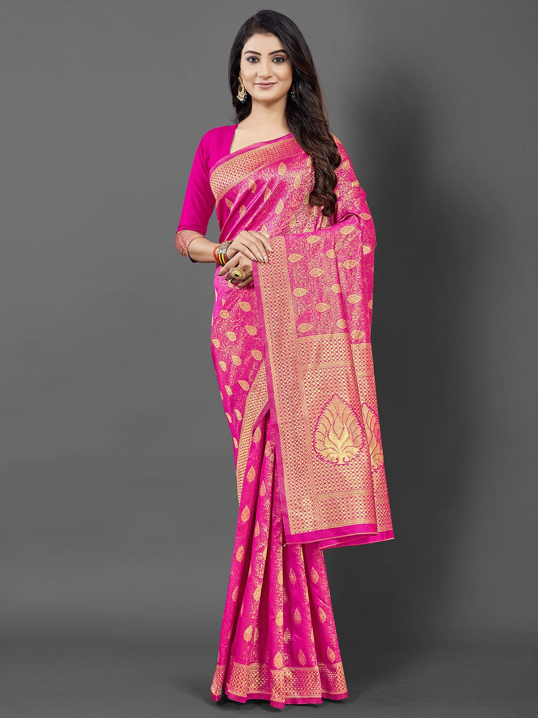 

KALINI Pink & Gold-Toned Woven Design Zari Silk Blend Banarasi Saree