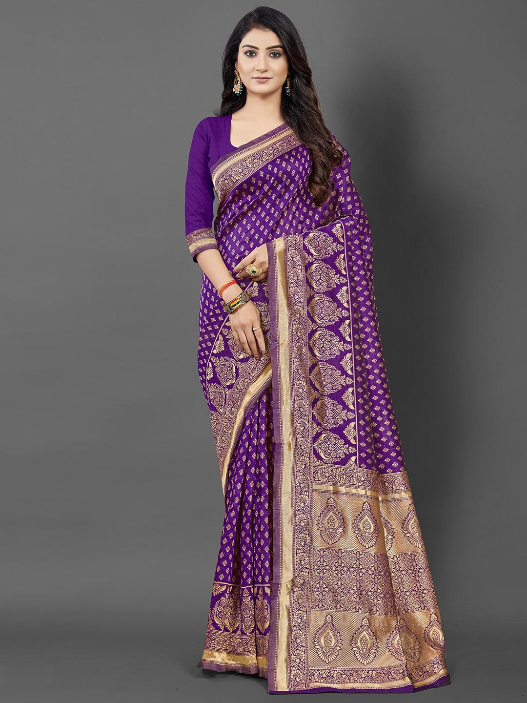 

KALINI Purple & Gold-Toned Ethnic Motifs Silk Blend Banarasi Saree