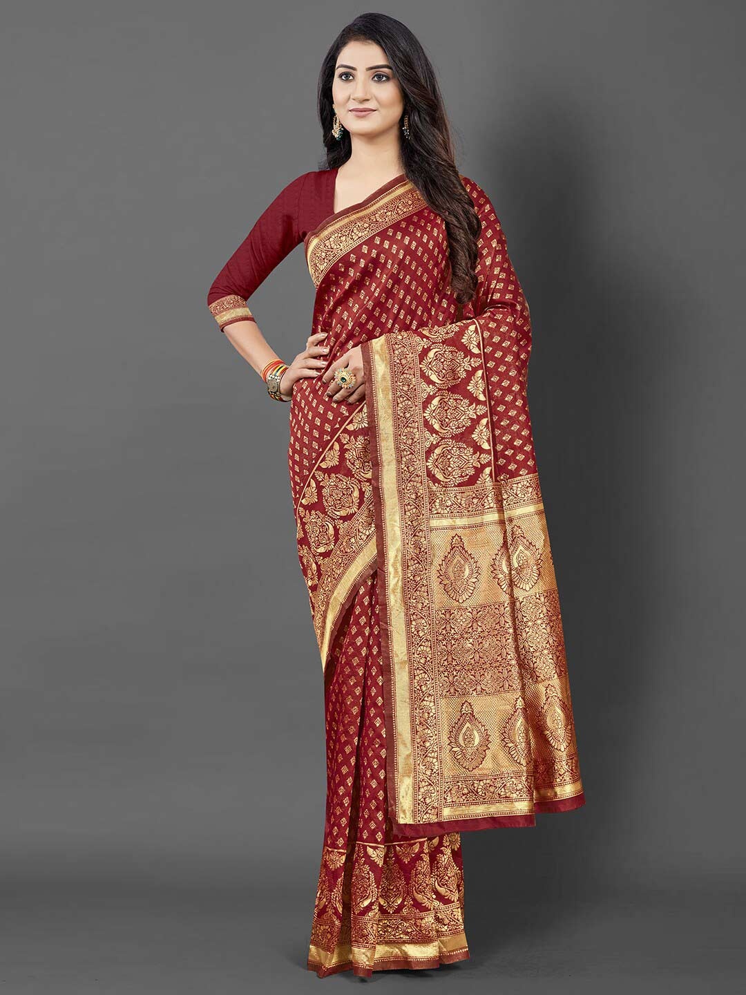 

KALINI Maroon & Gold-Toned Ethnic Motifs Silk Blend Banarasi Saree