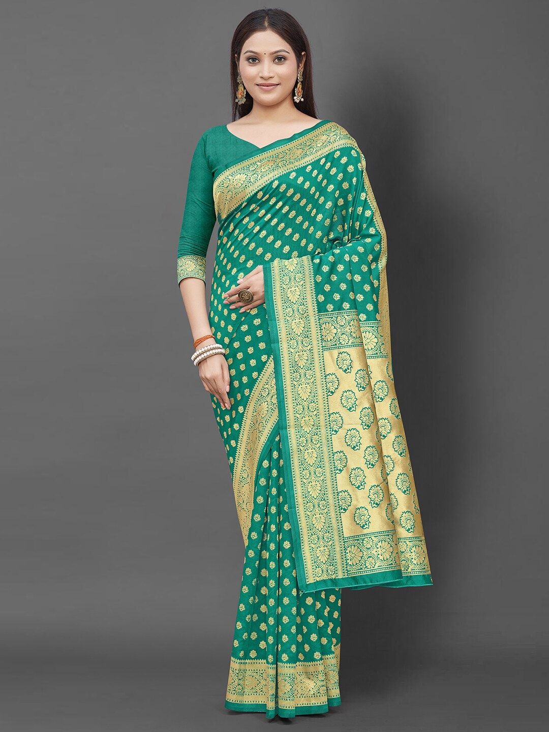 

KALINI Teal & Gold-Toned Woven Design Silk Blend Banarasi Saree