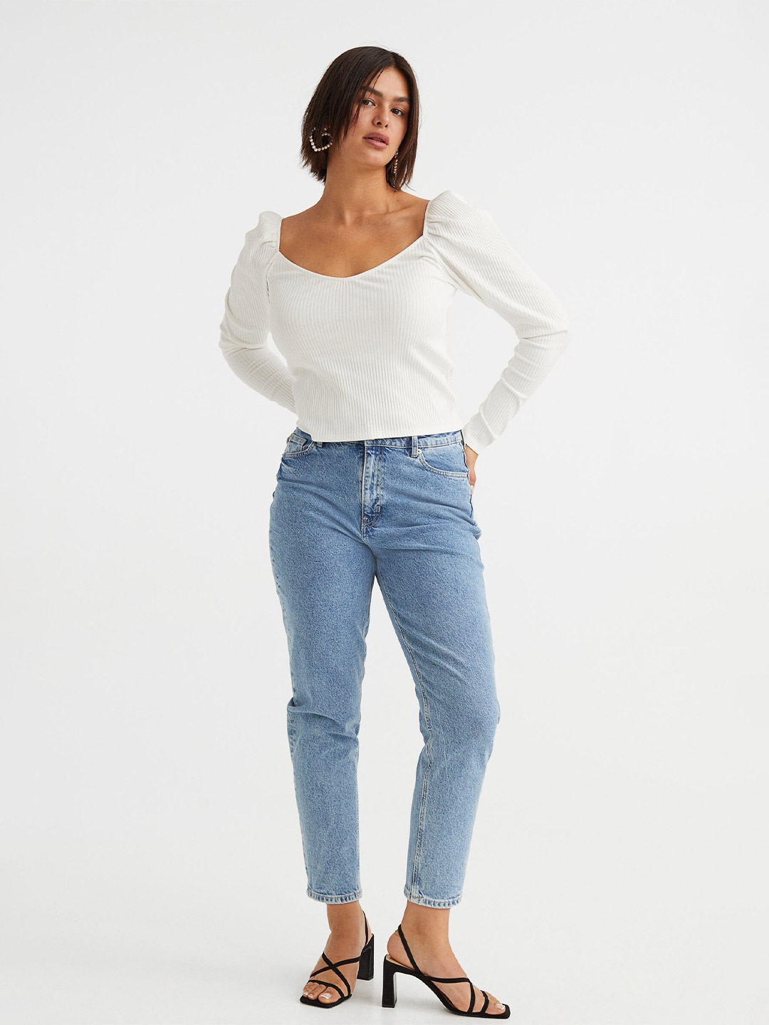 

H&M Women White Ribbed Short Top