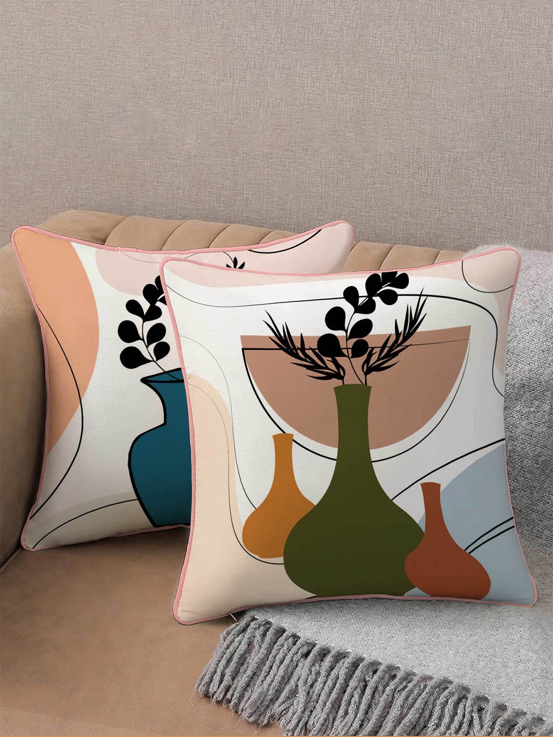 

STITCHNEST White & Olive Green Set of 2 Printed Velvet Square Cushion Covers