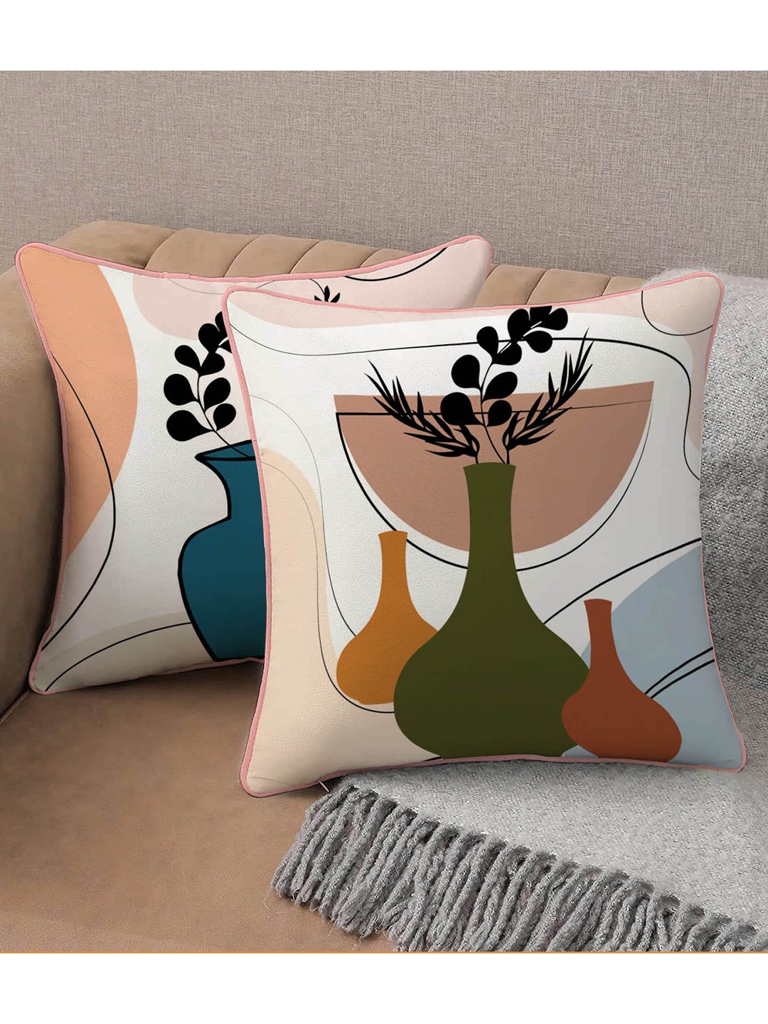 

STITCHNEST White & Olive Green Set of 2 Printed Velvet Square Cushion Covers