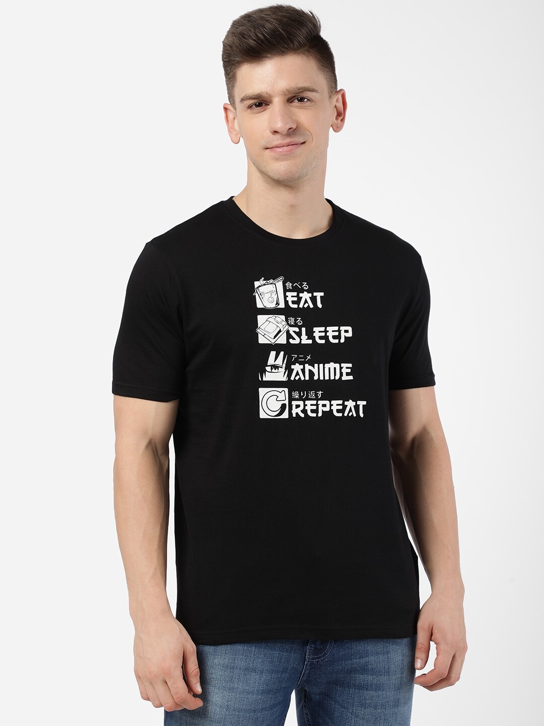 

R&B Men Black Printed Regular Fit Cotton T-shirt
