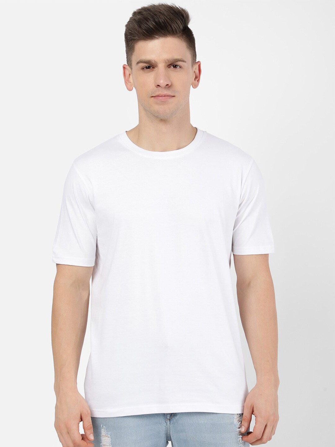 

R&B Men White Solid Round Neck Short Sleeves T-shirt