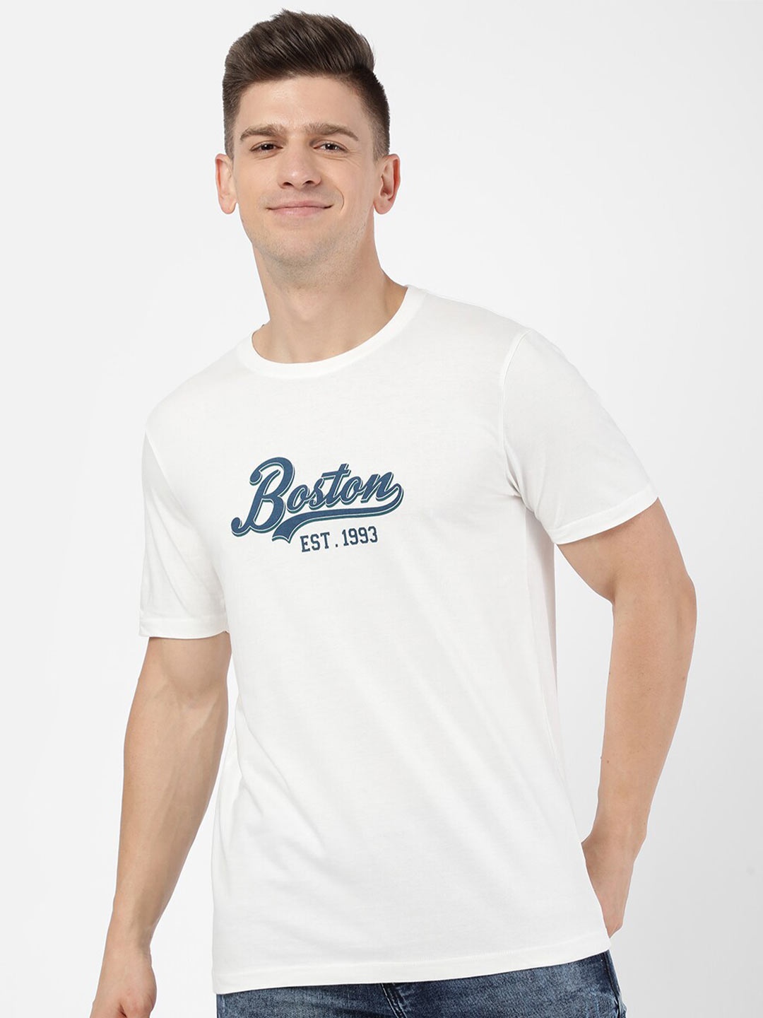 

R&B Men White Typography Printed Round Neck T-shirt