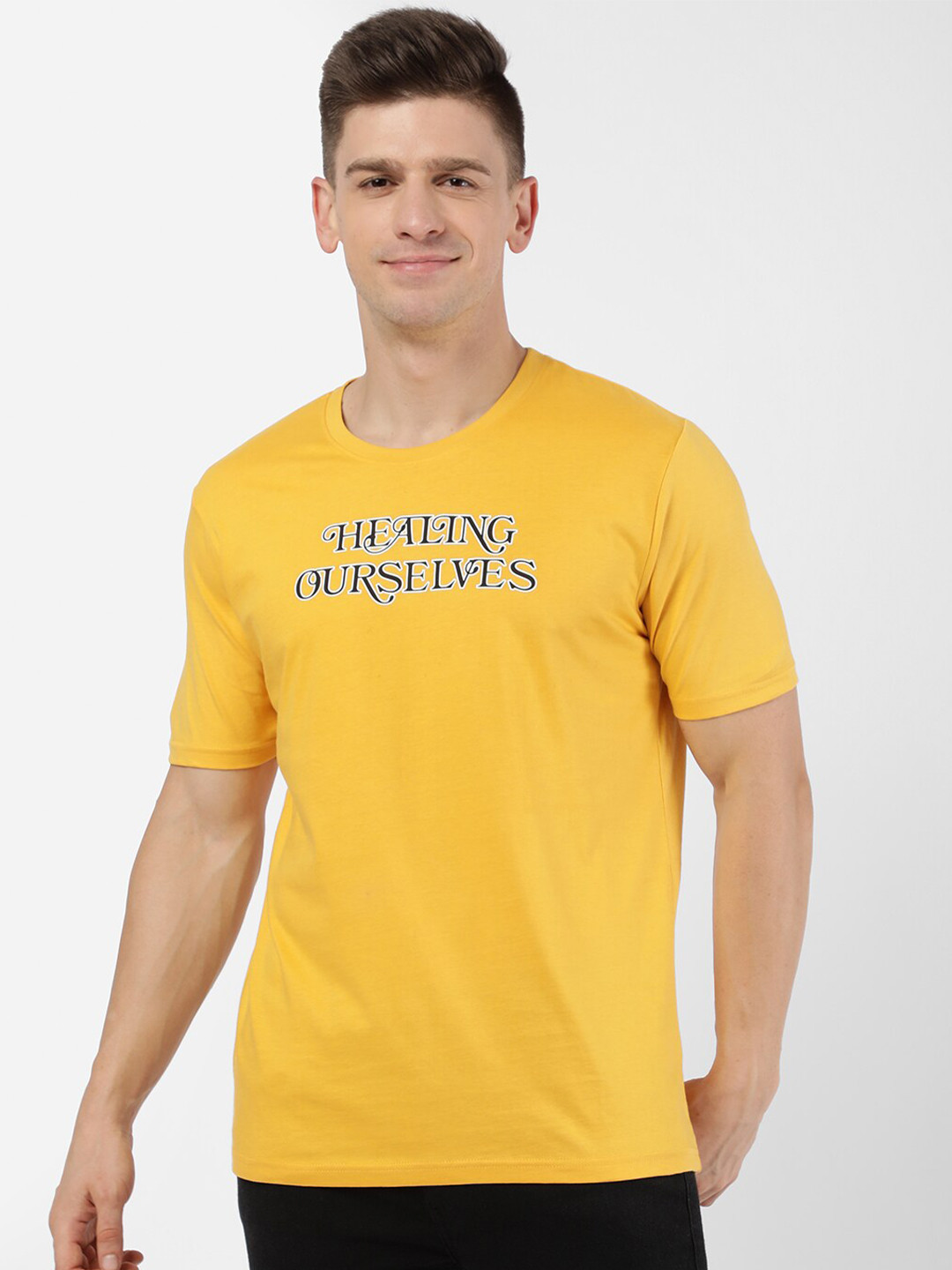 

R&B Men Yellow Typography Printed Round Neck T-shirt