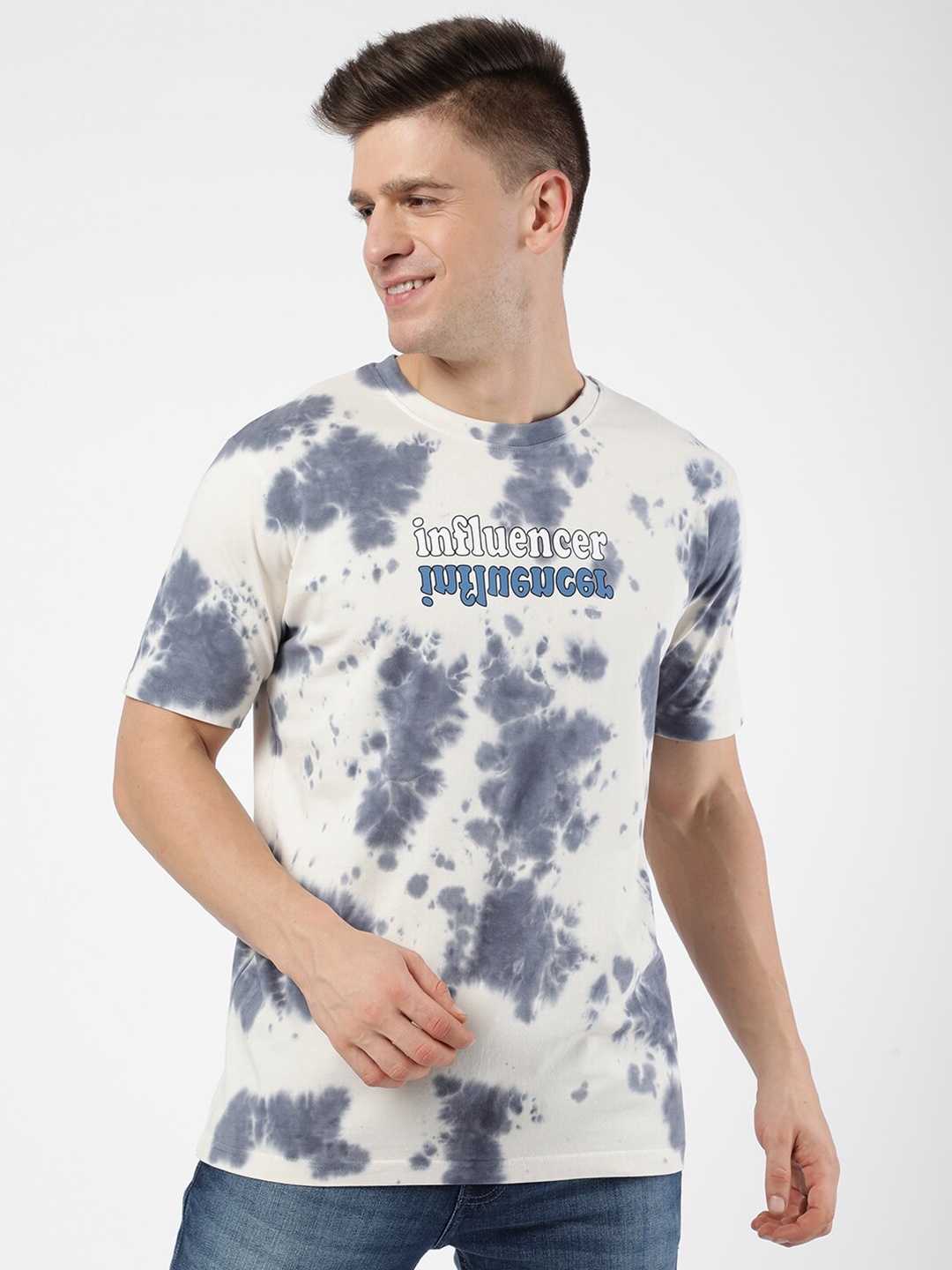 

R&B Men White Tie and Dye Dyed Printed Round Neck T-shirt