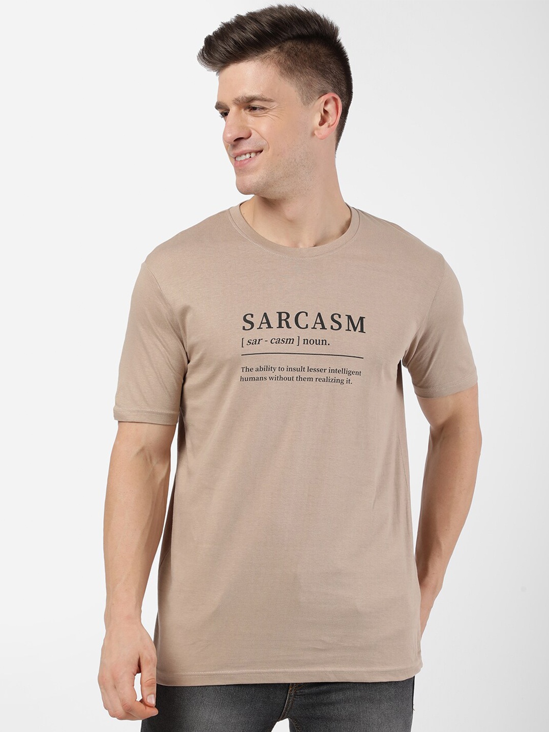 

R&B Men Beige & Black Typography Printed T-shirt