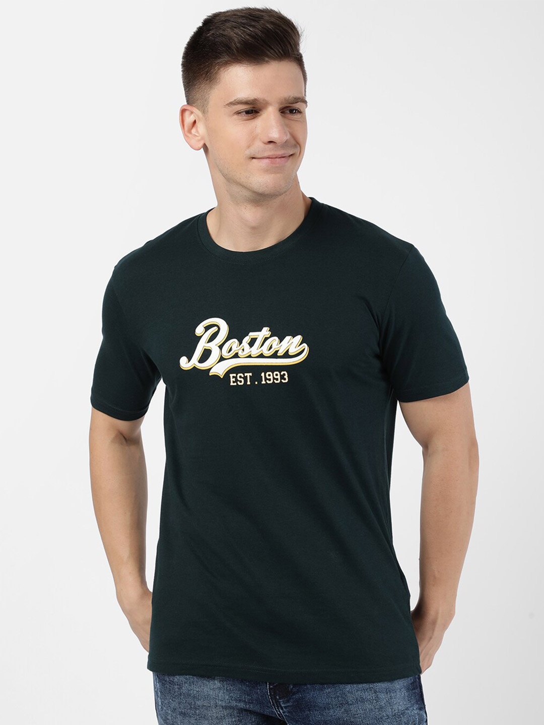 

R&B Men Navy Blue & Cream-Coloured Typography T-shirt