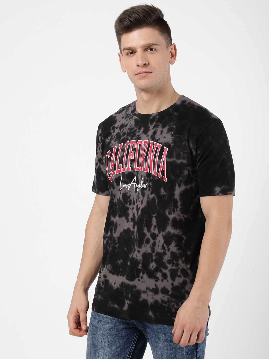

R&B Men Black & Grey Printed Regular Fit Cotton T-shirt