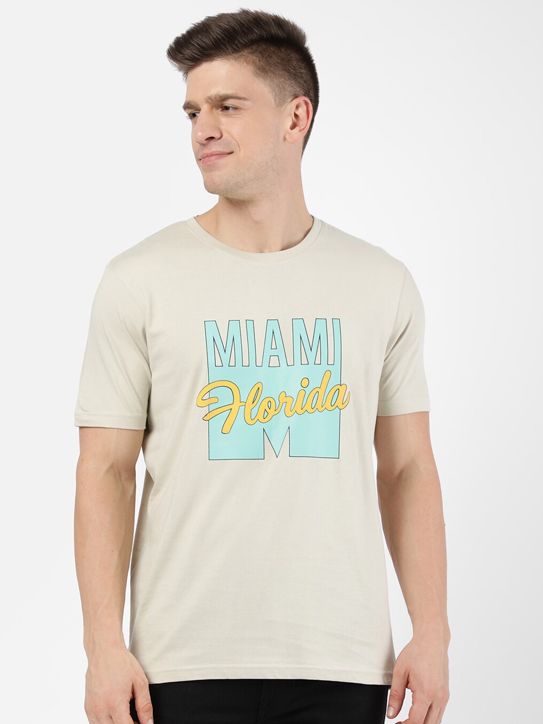 

R&B Men Beige Typography Printed T-shirt
