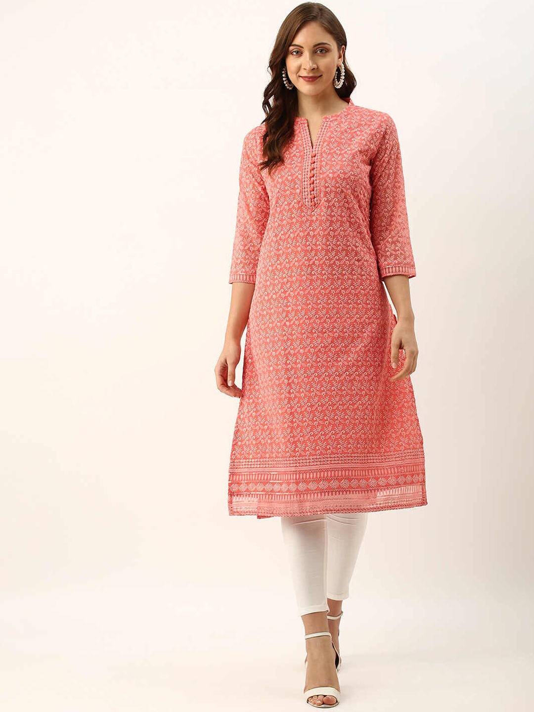

ZOLA Floral Embroidered & Thread Work Georgette Kurta, Peach
