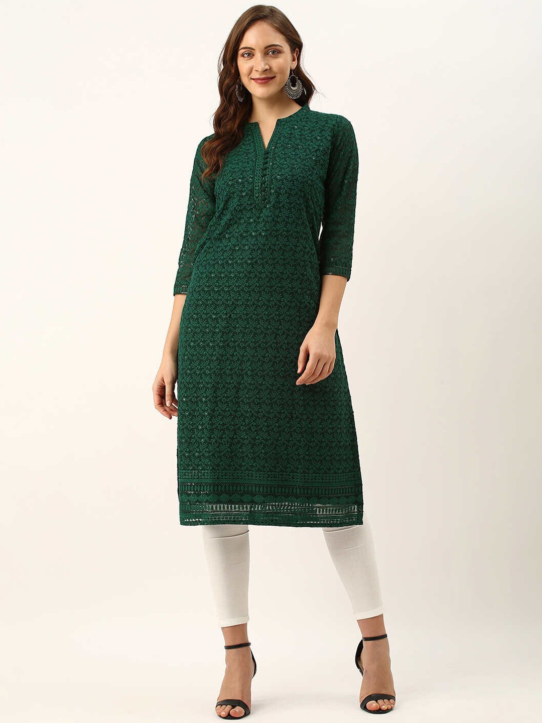 ZOLA Floral Embroidered & Thread Work Georgette Kurta, Green
