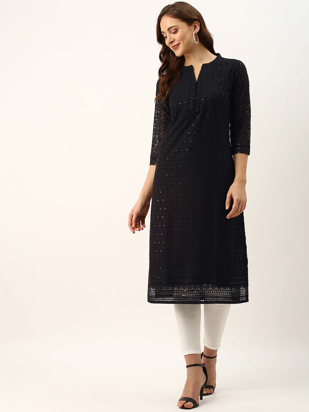

ZOLA Floral Embroidered & Thread Work Georgette Kurta, Black