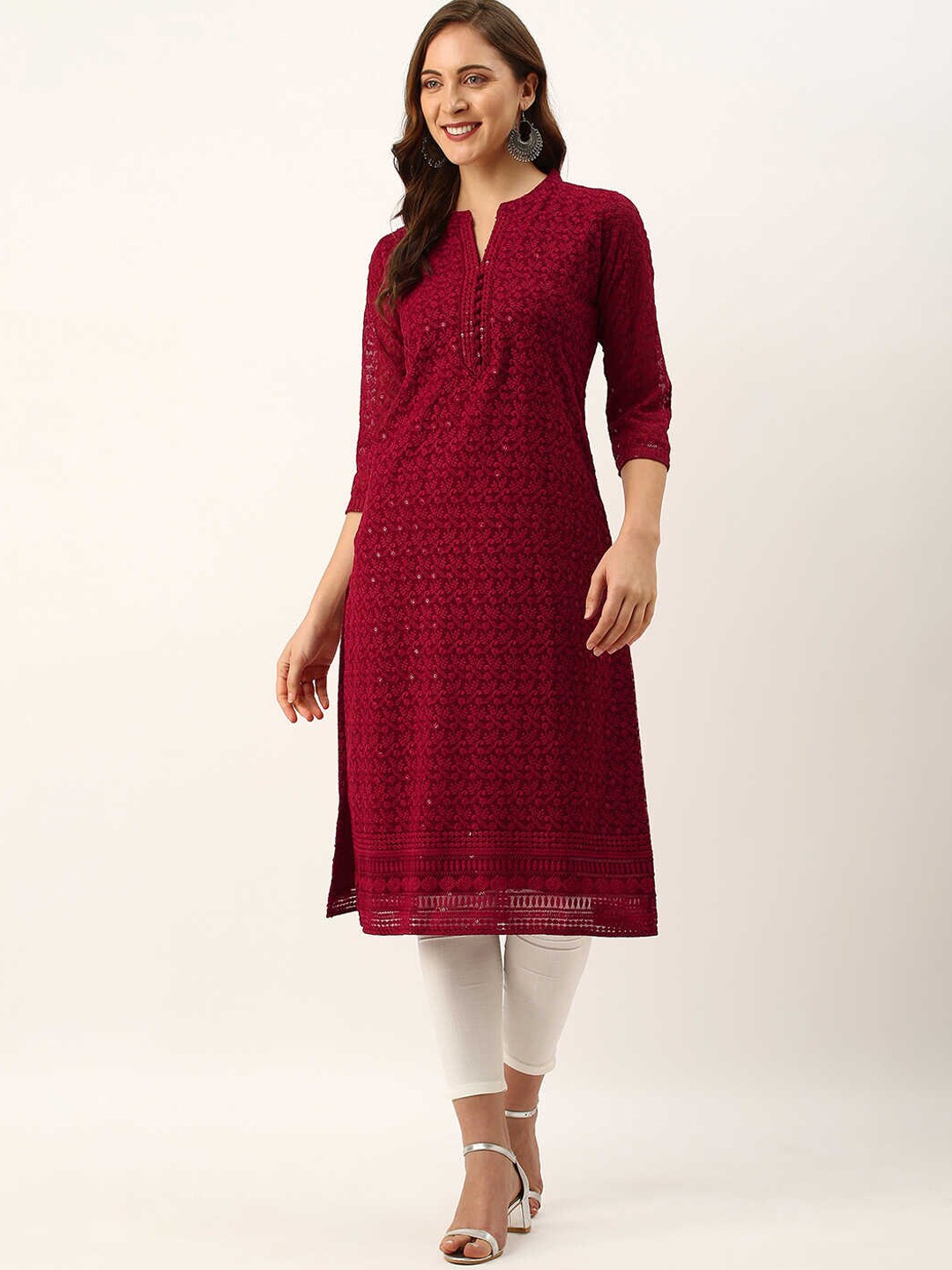 

ZOLA Floral Embroidered & Thread Work Georgette Kurta, Maroon