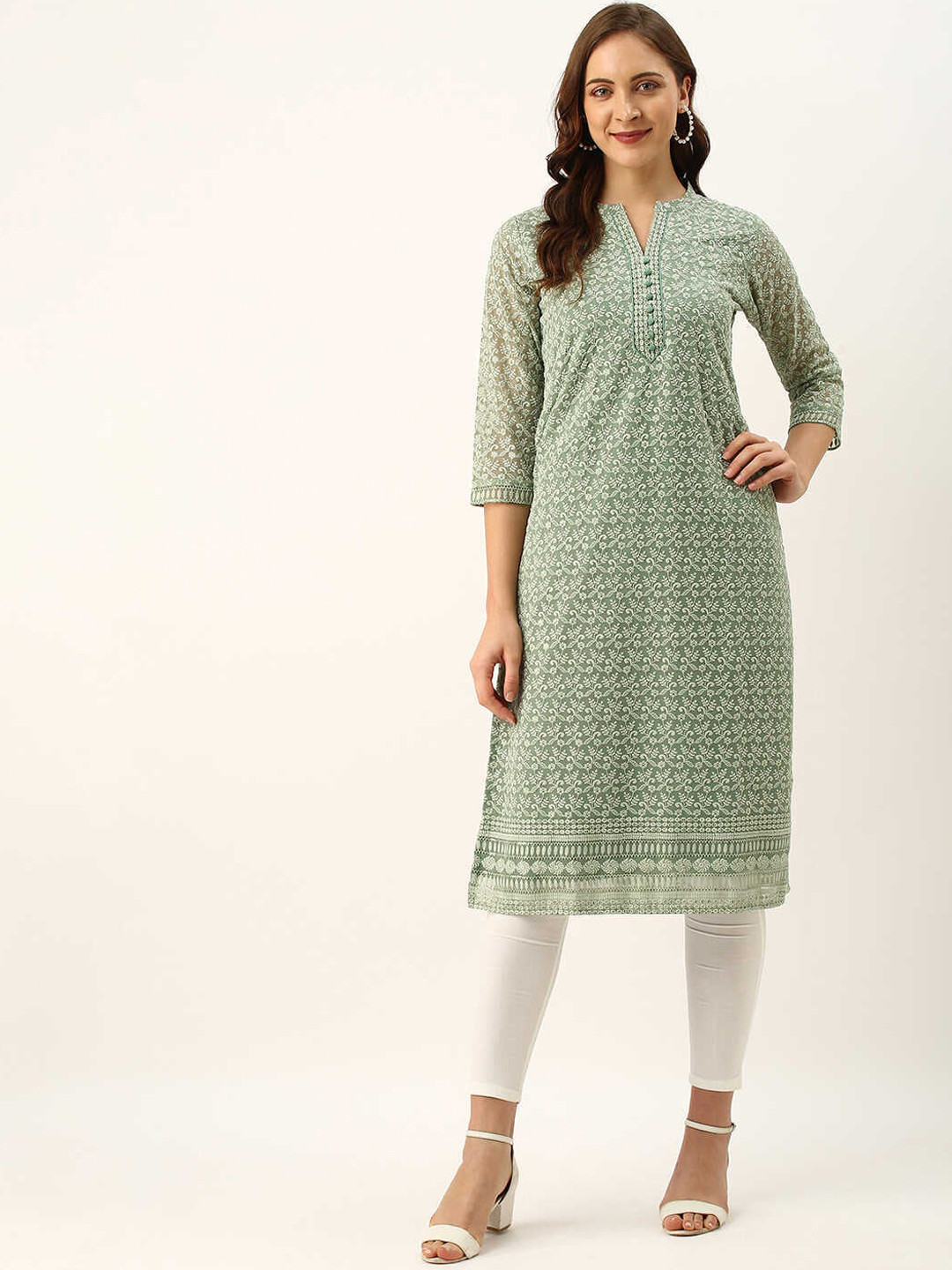 

ZOLA Floral Embroidered & Thread Work Georgette Kurta, Olive
