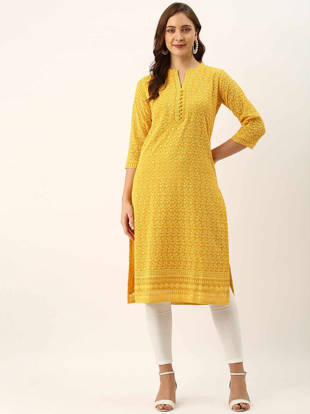 

ZOLA Floral Embroidered & Thread Work Georgette Kurta, Yellow