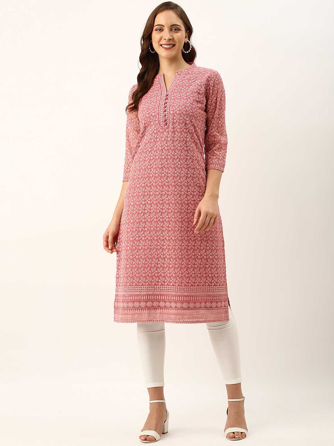 

ZOLA Women Floral Embroidered Thread Work Georgette Kurta, Pink