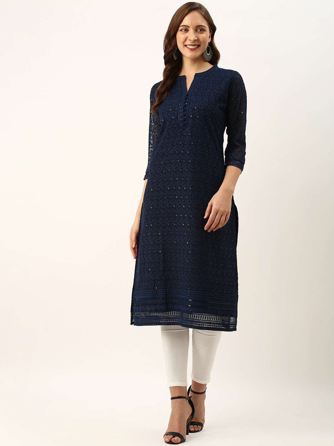 

ZOLA Floral Embroidered & Thread Work Georgette Kurta, Navy blue
