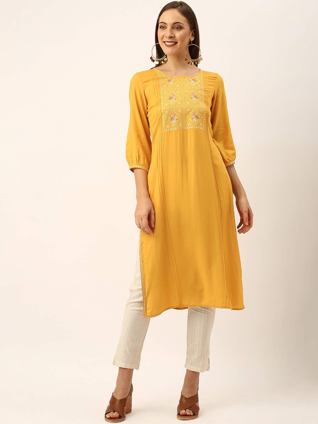 

ZOLA Women Mustard Yellow Yoke Design Embroidered A-Line Kurta