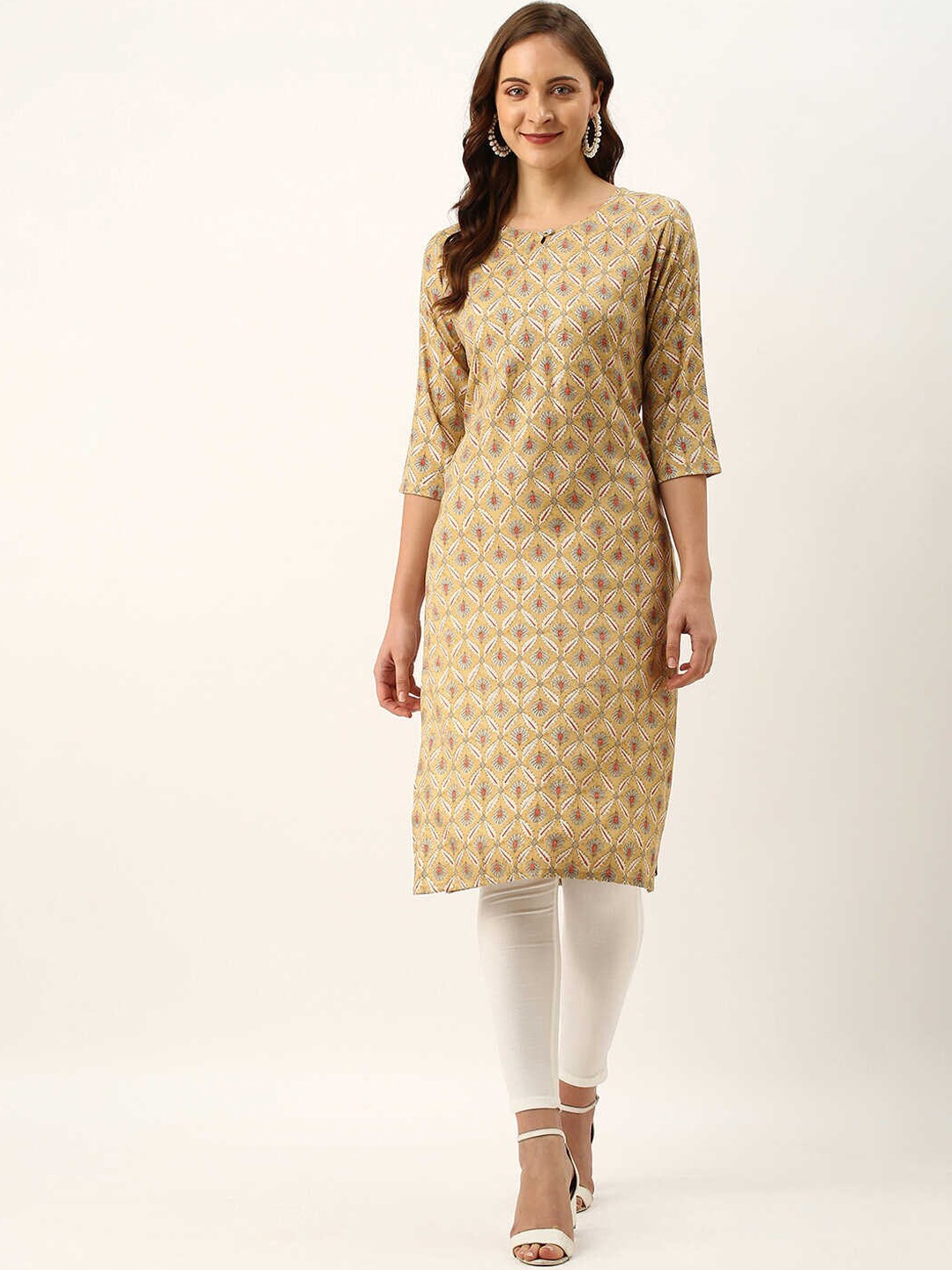 

ZOLA Women Beige & Red Floral Print Keyhole Neck Kurta