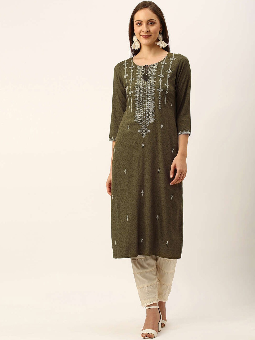 

ZOLA Women Olive Green Kalamkari Printed Tie-Up Neck Kurta