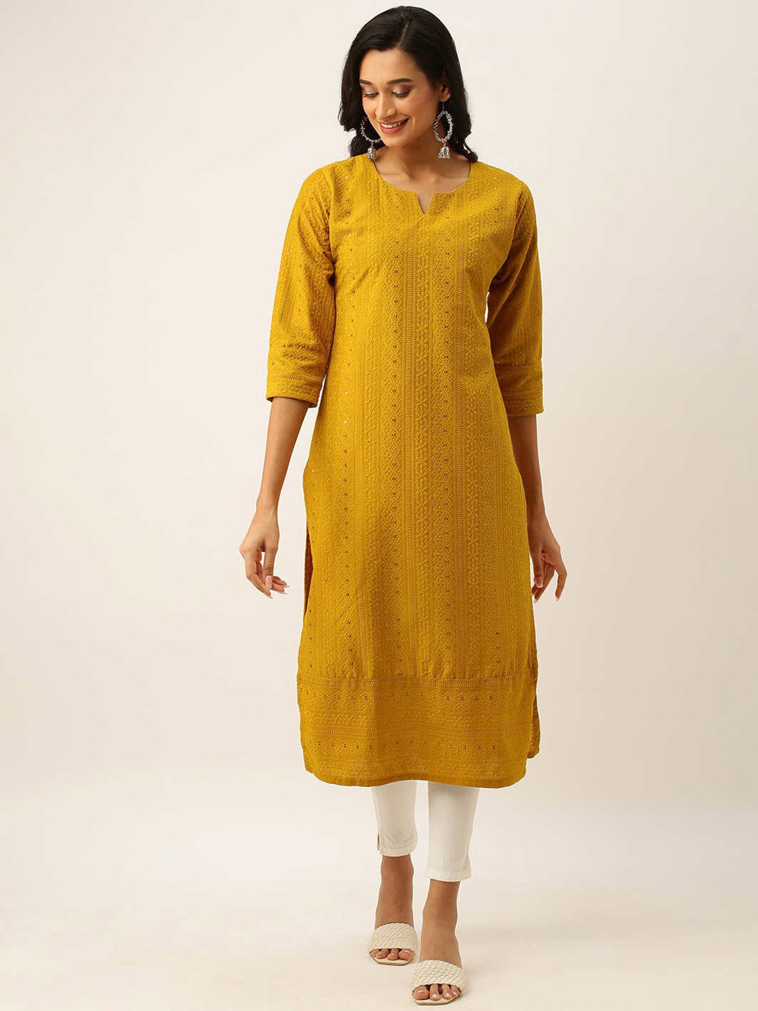 

ZOLA Women Mustard Yellow Ethnic Motifs Embroidered Thread Work Kurta