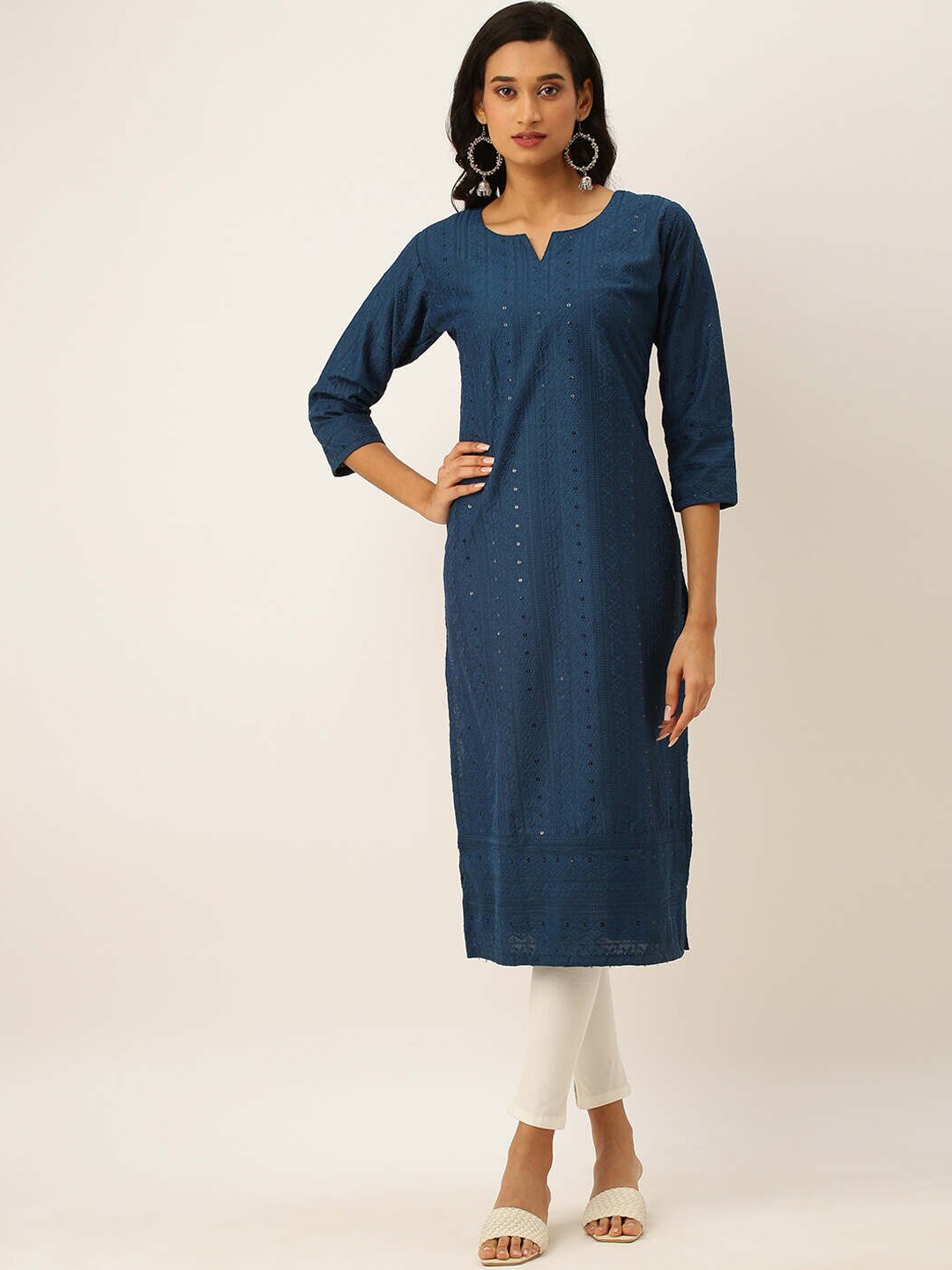 

ZOLA Women Teal Ethnic Motifs Silk Embroidered Chikankari Kurta