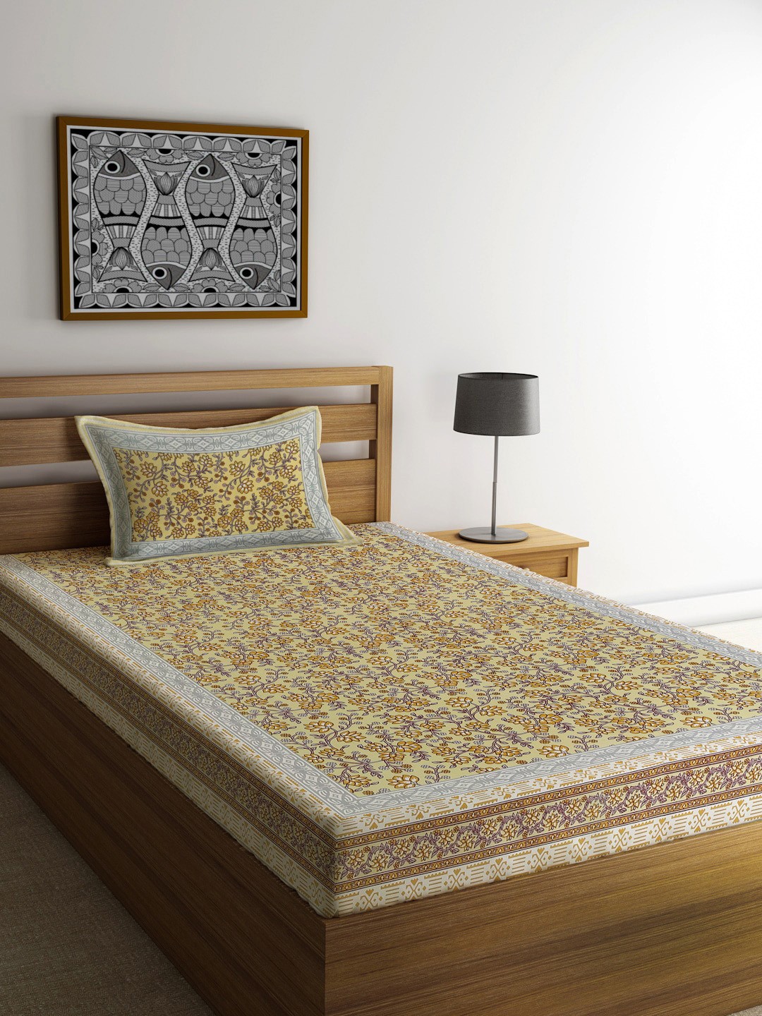 

Rajasthan Decor Yellow & Grey Floral 144 TC Single Bedsheet with 2 Pillow Covers