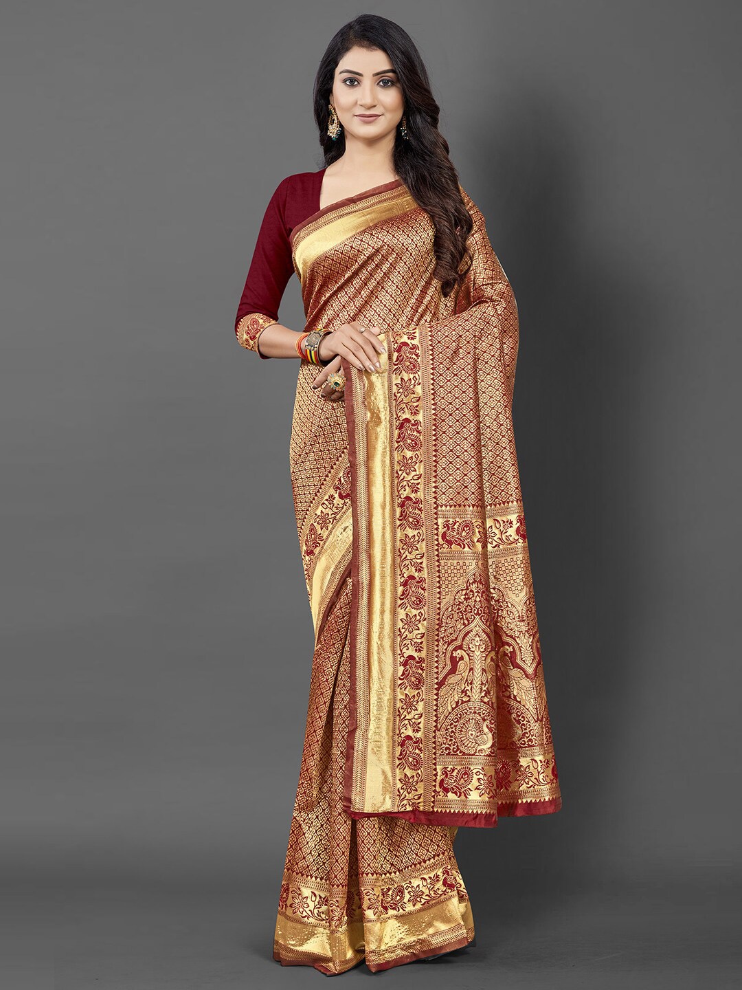 

KALINI Maroon & Gold-Toned Ethnic Motifs Zari Silk Blend Banarasi Saree