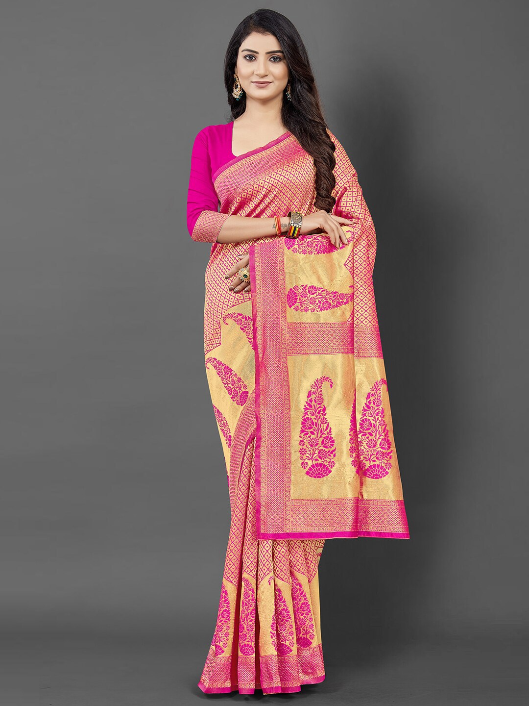 

KALINI Pink & Gold-Toned Woven Design Zari Silk Blend Banarasi Saree